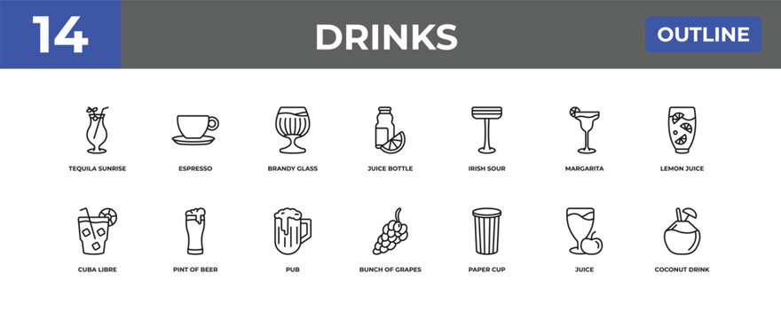 outline drinks icons set - tequila sunrise, espresso, juice. editable vector for web and mobile ui