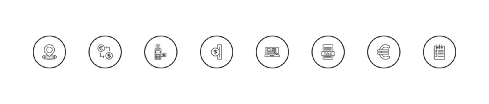 outline e commerce and payment icons set - card hine, insert coin, online order. editable vector for web and mobile ui