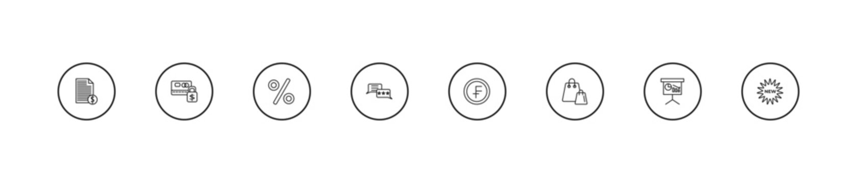 outline e commerce and payment icons set - percent, customer review, swiss franc. editable vector for web and mobile ui