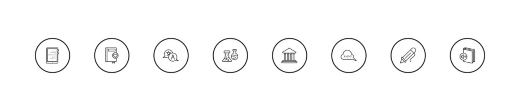 outline education icons set - translation, florence flask, bank. editable vector for web and mobile ui