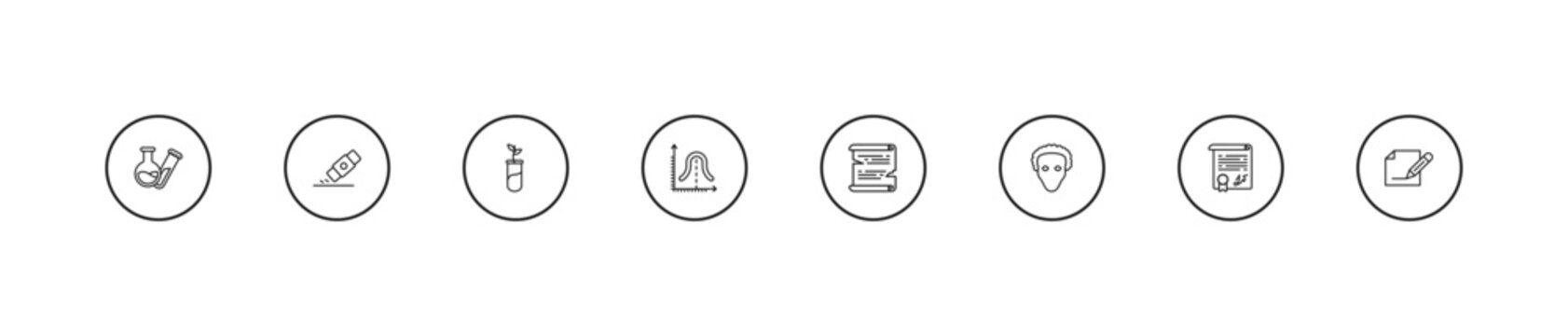 outline education icons set - plant sample, gaussian function, papyrus. editable vector for web and mobile ui