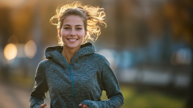 Cardio sports exercise, healthy lifestyle. A woman jogging in a park at sunset, wearing a hoodie and with her hair in a ponytail. The background is blurred.