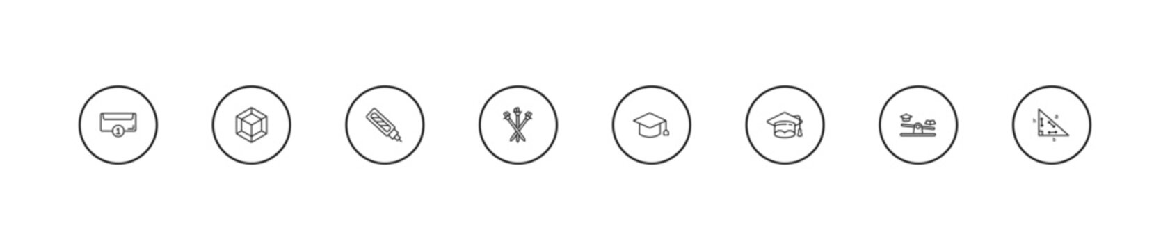 outline e learning and education icons set - corrector, three musketeers, graduate cap. editable vector for web and mobile ui