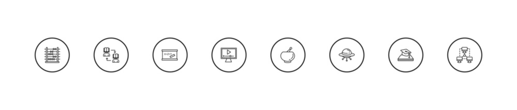 outline education icons set - blackboard eraser, video tutorial, punch bowl. editable vector for web and mobile ui