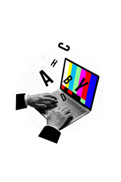 Vertical creative collage picture hands body fragment typing business user keyboard laptop letters screen display drawing background