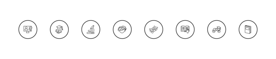 Obraz premium outline education icons set - biology microscope, quasimodo, drama. editable vector for web and mobile ui