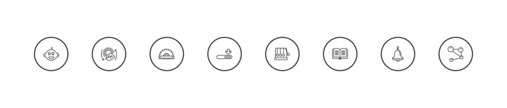 outline education icons set - semicircle with ruler, window scrolling medium, newton cradle. editable vector for web and mobile ui