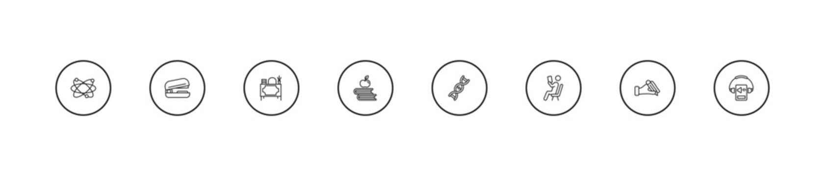 outline education icons set - teacher desk, book and, dna strand. editable vector for web and mobile ui