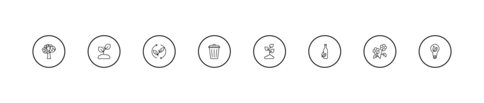 outline ecology icons set - renewable, dust bin, plant a tree. editable vector for web and mobile ui