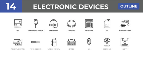 Naklejka premium outline electronic devices icons set - lisa, usb wireless adapter, electric fan. editable vector for web and mobile ui