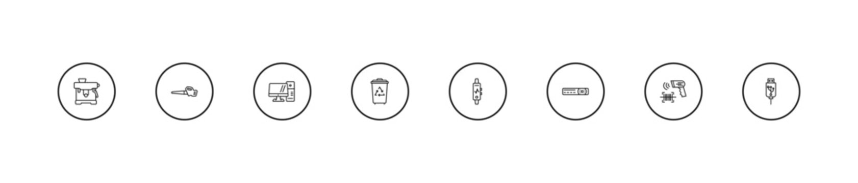 outline electronic devices icons set - personal computer, trash compactor, activity tracker. editable vector for web and mobile ui