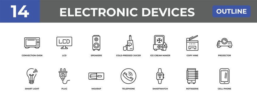 outline electronic devices icons set - convection oven, lcd, rotisserie. editable vector for web and mobile ui
