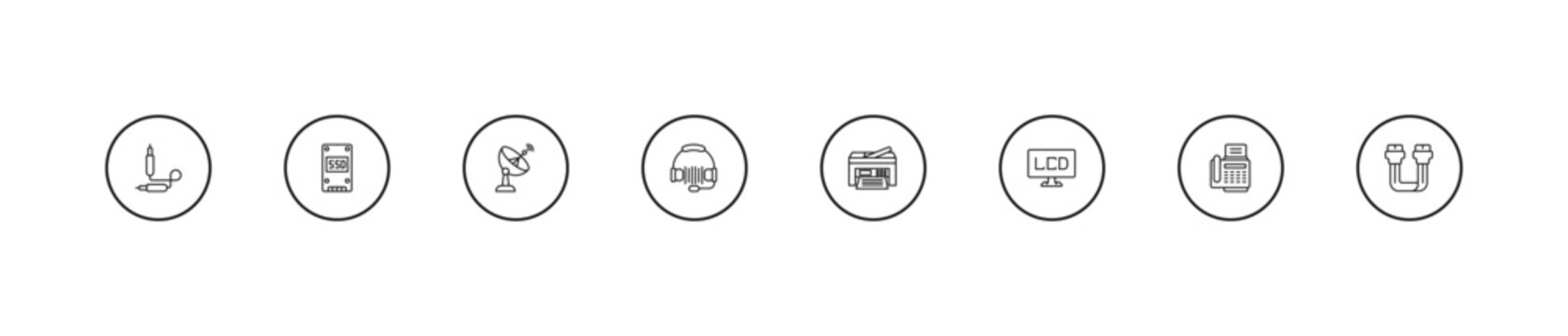 outline electronic devices icons set - satellite dish, headphones, printer. editable vector for web and mobile ui