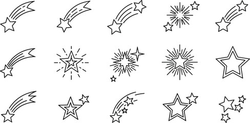 Hand drawn shooting stars and starbursts doodle icons with shooting star night sky starburst © RINA