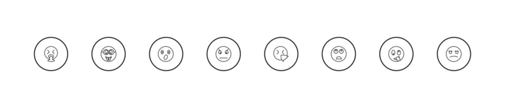 outline emoji icons set - surprised emoji, angry emoji, sneezing editable vector for web and mobile ui