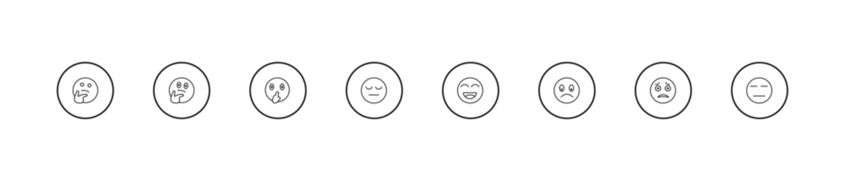 outline emoji icons set - shushing emoji, tired emoji, happy editable vector for web and mobile ui