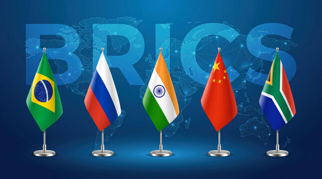 BRICS member countries flags with world map for global economy, trade, geopolitics and international summit concept. 
