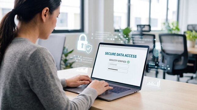 Professional woman typing password for secure data access identity verification on laptop, cybersecurity login authentication, biometric fingerprint scanning technology concept