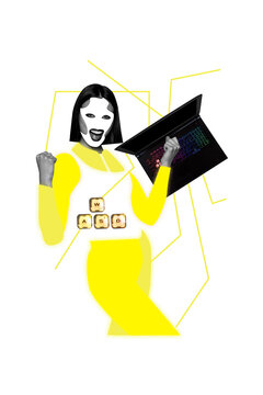 Composite trend artwork 3D sketch image photo collage of&nbsp;cyberspace ai bot virtual young lady&nbsp; hand gesture done success work laptop