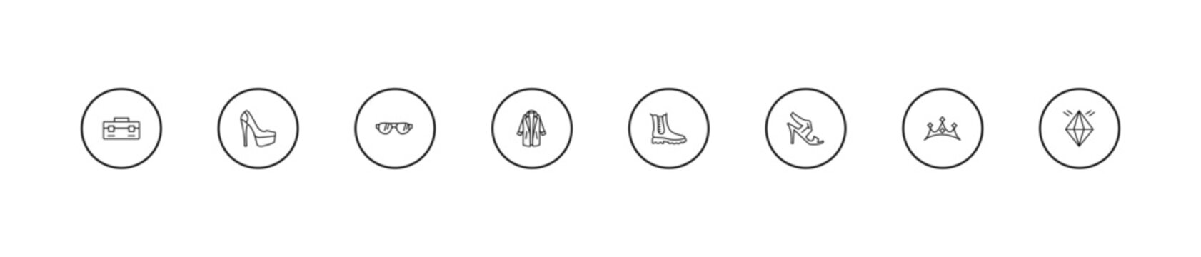 outline fashion icons set - eyewear, women coat, boot for women. editable vector for web and mobile ui