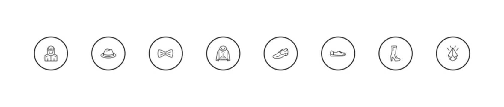 outline fashion icons set - tux, sweater with hood, men shoe. editable vector for web and mobile ui