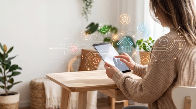 Woman using smart home app on tablet with augmented reality icons showing house control, temperature settings, lighting automation and security features in cozy living room
