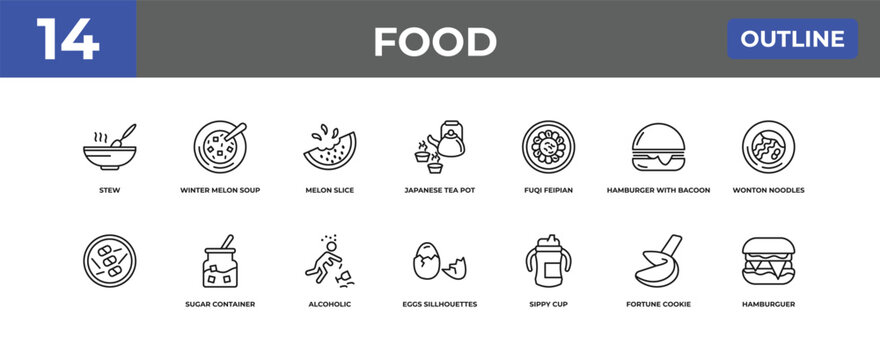 outline food icons set - stew, winter melon soup, fortune cookie. editable vector for web and mobile ui