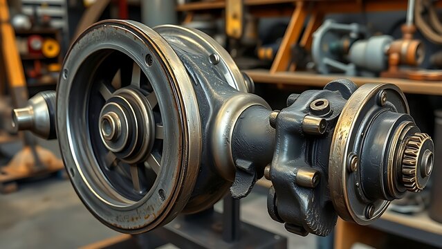Disassembled vintage engine crankshaft with oil sheen, industrial workshop setting.