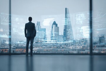 Fototapeta premium Businessman looking at futuristic city data interface at night