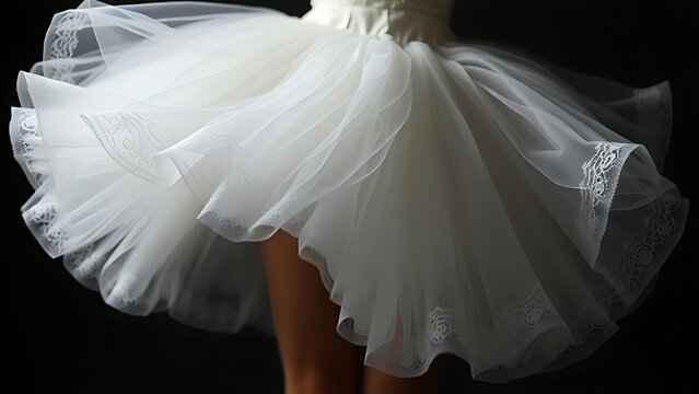Layers of white tulle and lace billowing in a flower-like shape.