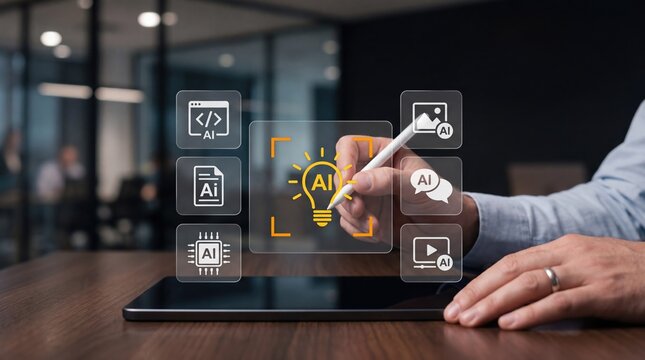 Businessman using AI technology on tablet, artificial intelligence icons for coding, image generation, chatbot and data analysis, innovation in modern office workspace