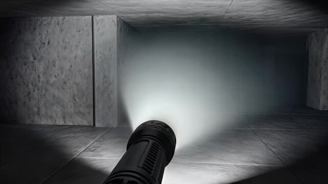 Flashlight beam illuminating dark concrete corridor with panning motion for horror or security themes