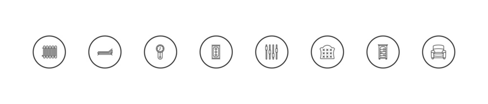 outline furniture icons set - wall clock, rug, fader. editable vector for web and mobile ui