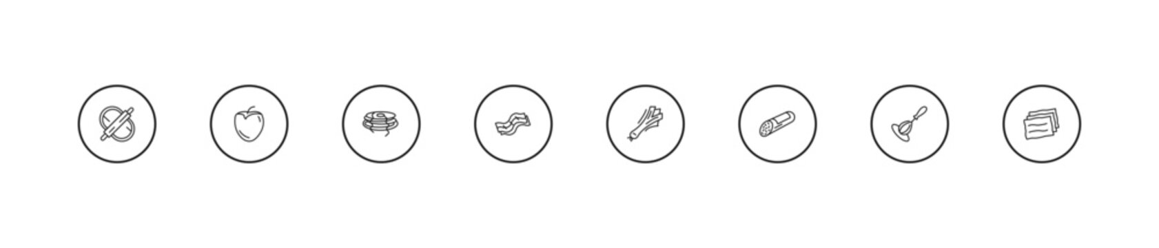 outline gastronomy icons set - pancakes, bacon, leek. editable vector for web and mobile ui