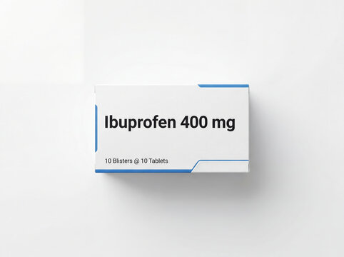 White box of Ibuprofen 400 mg pain relief medicine on a pharmacy counter background