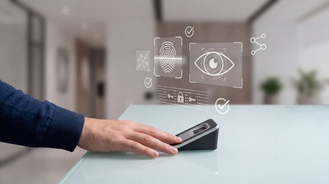 Hand scanning fingerprint on biometric device with holographic security icons, cyber safety concept, identity verification, access control, data protection, privacy,