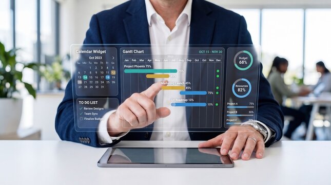 Manager analyzing project timeline on gantt chart via holographic display, calendar widget, budget tracking, resource allocation, strategic planning, productivity, corporate