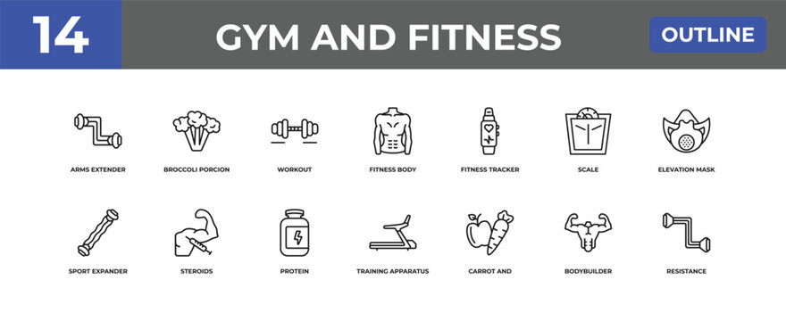 outline gym and fitness icons set - arms extender, broccoli porcion, bodybuilder. editable vector for web and mobile ui