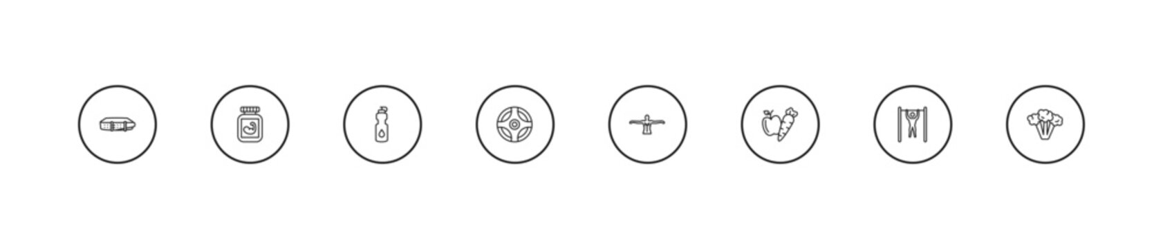 outline gym and fitness icons set - isotonic, power ball, anatomy. editable vector for web and mobile ui