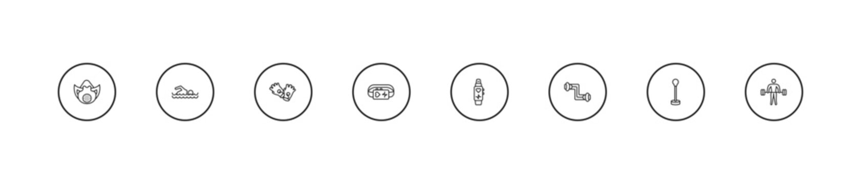 outline gym and fitness icons set - fitness gloves, pulsometer, fitness tracker. editable vector for web and mobile ui