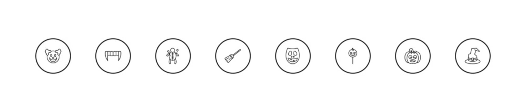 outline halloween icons set - doll, magic broom, facial mask. editable vector for web and mobile ui