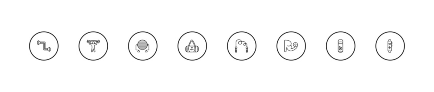 outline gym and fitness icons set - pilates ball, sport bag, skipping rope. editable vector for web and mobile ui