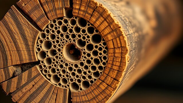 Cross-section of wooden beam showing intricate termite tunnels, soft side lighting.