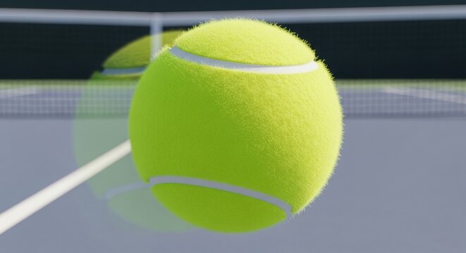 bright green tennis ball in motion on court with white line closeup