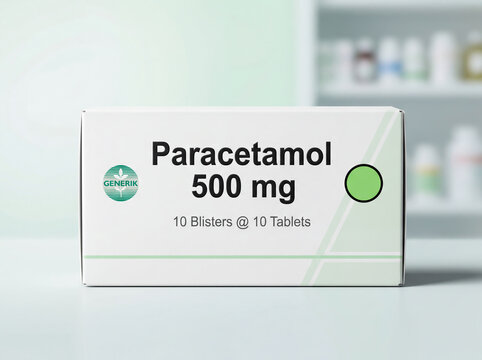 Generic paracetamol 500 mg medicine box packaging on a blurred pharmacy background
