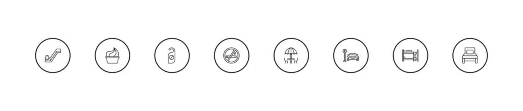 outline hotel and restaurant icons set - doorknob, no smoking, beach umbrella. editable vector for web and mobile ui