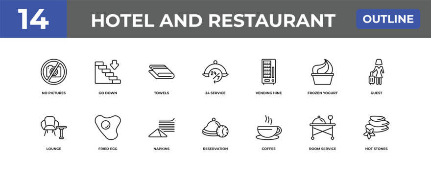 outline hotel and restaurant icons set - no pictures, go down, room service. editable vector for web and mobile ui