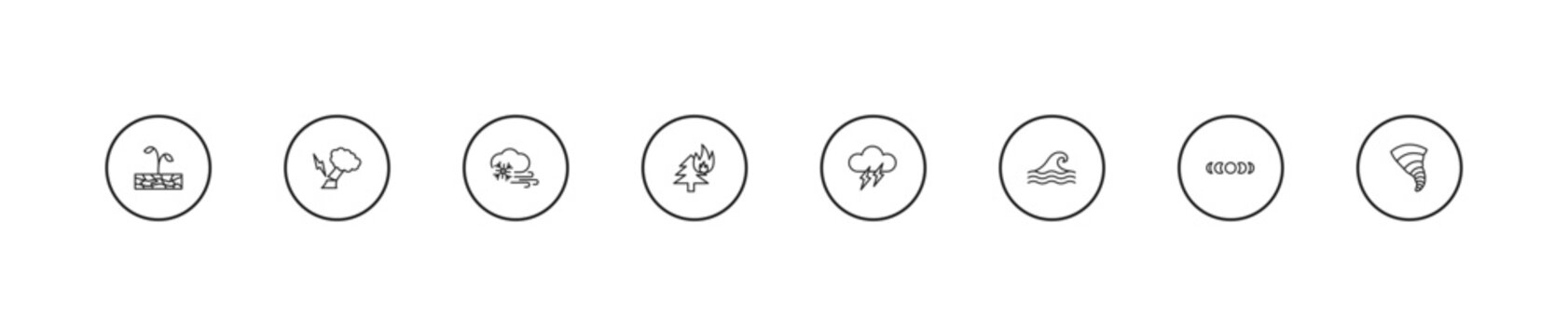 outline meteorology icons set - snow and wind, burning tree, thunder cloud. editable vector for web and mobile ui