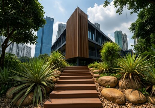 Modern architecture with wooden facade and lush tropical garden in urban cityscape
