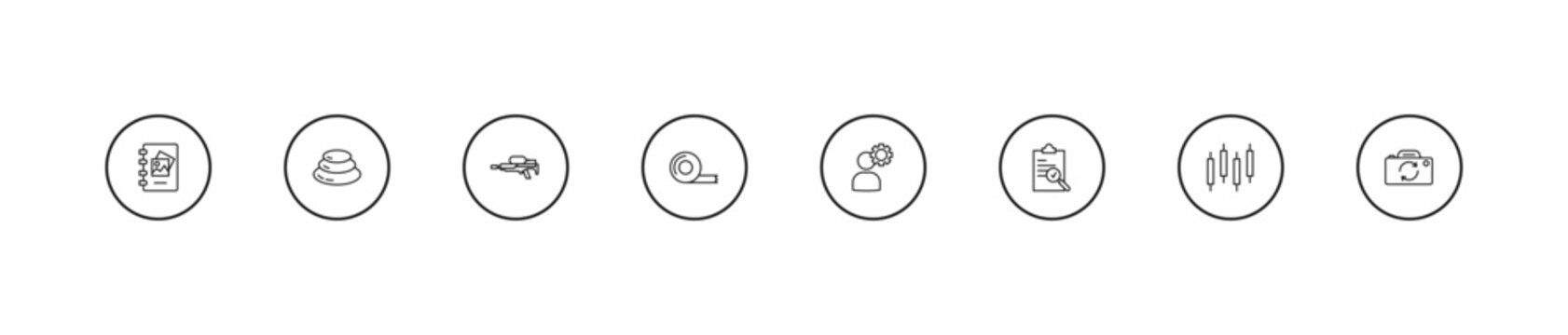 outline miscellaneous icons set - flame thrower, adhesive tape, thinking solutions. editable vector for web and mobile ui